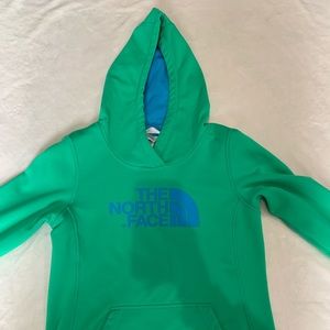 Green and blue North Face hoodie